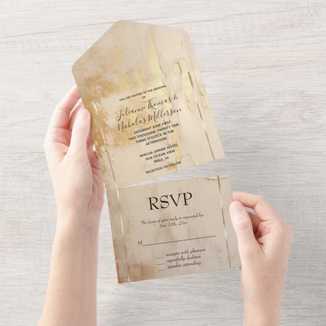 Invitation Tout En Un Mariage de crème dorée romantique (Déchirure)