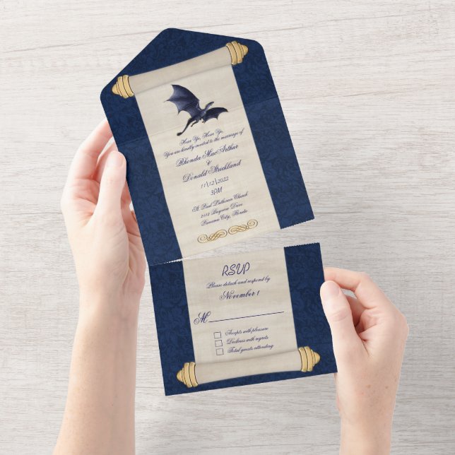 Invitation Tout En Un Mariage de défilement Fairytale Blue Dragon (Déchirure)