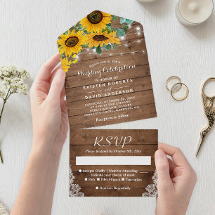 Invitation Tout En Un Mariage de dentelle de tournesol rustique
