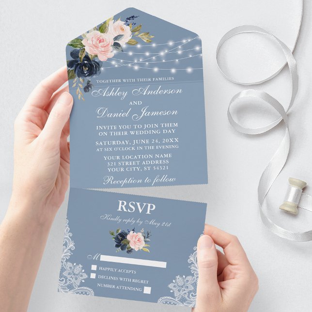 Invitation Tout En Un Mariage de dentelle florale rose-bleu foncé (All In One Wedding Invitation with tear off RSVP Card)