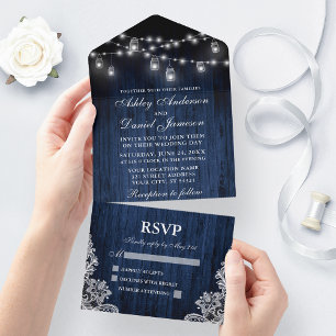 Invitation Tout En Un Mariage de dentelle rustique en bois bleu