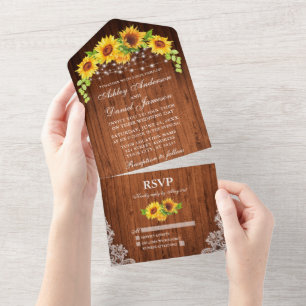 Invitation Tout En Un Mariage de dentelles rustique de tournesols en boi