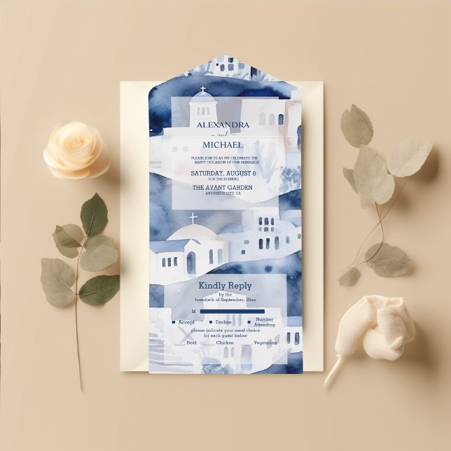 Invitation Tout En Un Mariage de destination à Santorin à l'aquarelle (Créateur téléchargé)
