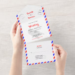 Invitation Tout En Un Mariage de destination Zante Grèce Airmail Tous Da<br><div class="desc">Un design de mariage amusant mais élégant avec une carte silhouette de l'île grecque Zante (Zakynthos) avec de mignonnes marques d'affranchissement et des bandes d'avion rouge,  blanc et bleu. Agréable et facile à customiser avec vos coordonnées de mariage personnel et une carte RSVP pratique déchirer pour votre commodité.</div>