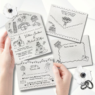 Invitation Tout En Un Mariage de doodle Italie funky tiré à la main