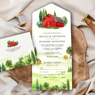 Invitation Tout En Un Mariage de ferme rustique à l'aquarelle rouge gran