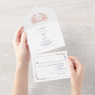 Invitation Tout En Un Mariage de ferme vintage Crabe rouge et bleu RSVP