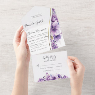 Invitation Tout En Un Mariage de feuillage floral pourpre moderne avec R