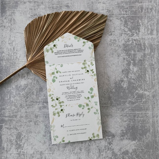 Invitation Tout En Un Mariage de feuillage Gold Confetti Eucalyptus (Créateur téléchargé)