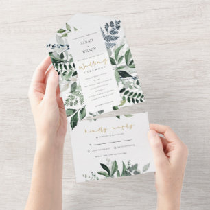 Invitation Tout En Un Mariage de feuillage tropical moderne Kraft Green