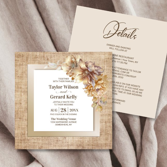 Invitation Tout en un Mariage de fleurs Burlap rustique (Créateur téléchargé)