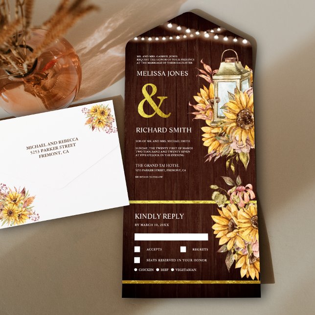 Invitation Tout En Un Mariage de fleurs de soleil en bois rustique (Créateur téléchargé)