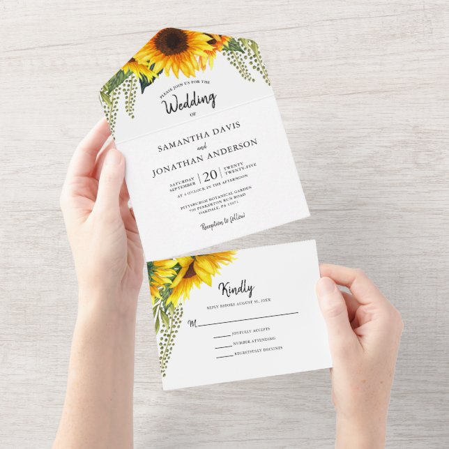 Invitation Tout En Un Mariage de fleurs de soleil et de feuillage vert d (Déchirure)