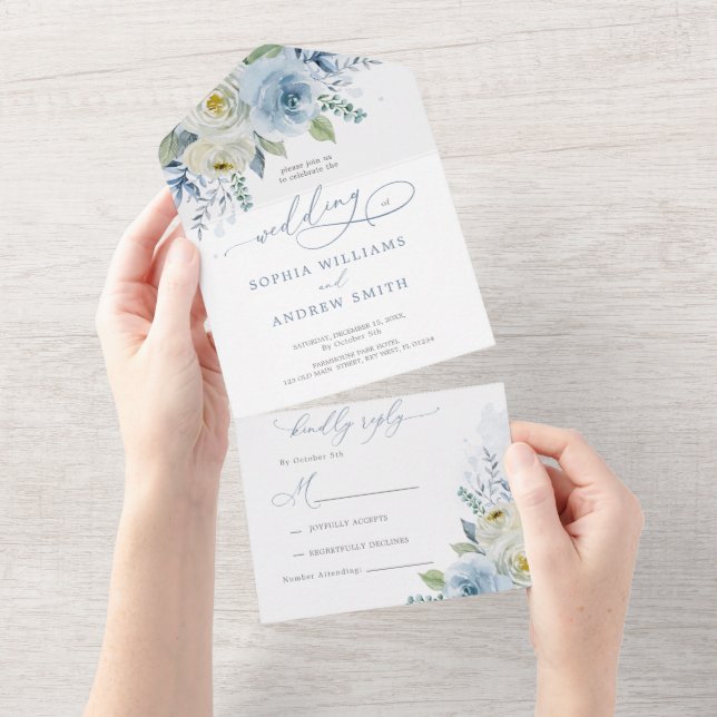 Invitation Tout En Un Mariage de fleurs Rose bleu Dusty (Déchirure)