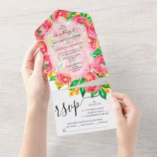 Invitation Tout En Un Mariage de fleurs roses complètes