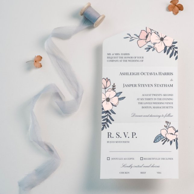 Invitation Tout En Un Mariage de flush et de fleurs de marine (Créateur téléchargé)