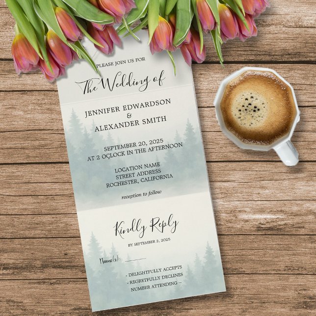 Invitation Tout En Un Mariage de forêt de pins d'aquarelle (Watercolor pine tree forest wedding all in one invitation. Wedding invitation and RSVP card in one.)