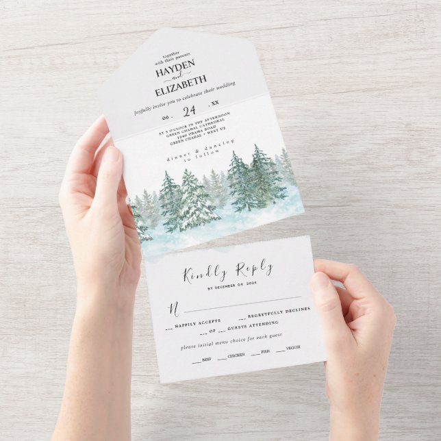 Invitation Tout En Un Mariage de forêt de pins d'aquarelle (Déchirure)