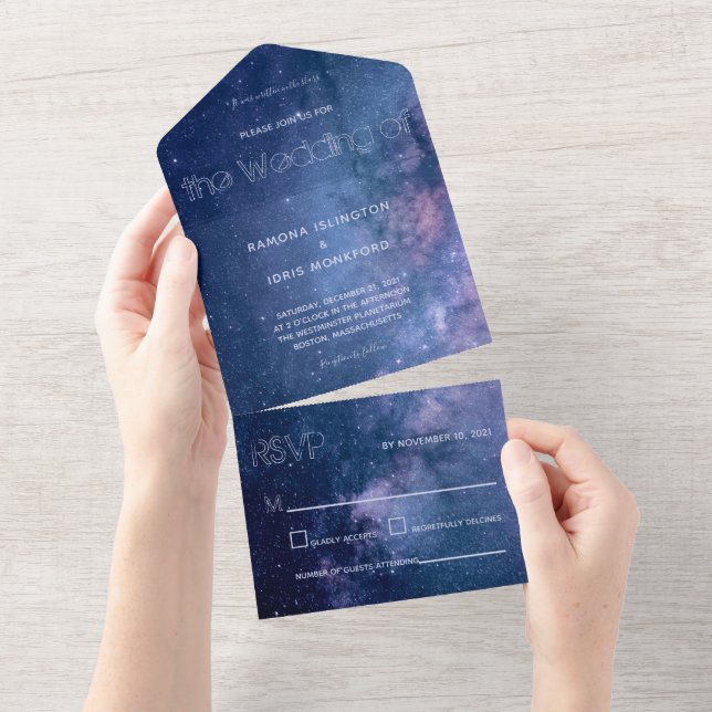 Invitation Tout En Un Mariage de galaxie bleu foncé et violet (Déchirure)
