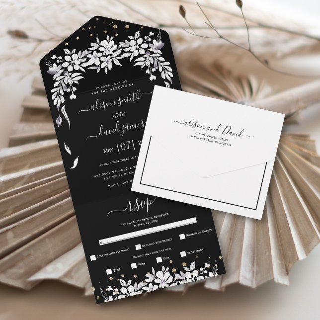 Invitation Tout En Un Mariage de guirlande à fleurs noir et blanc (Créateur téléchargé)