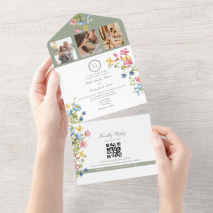 Invitation Tout En Un Mariage de jardin de fleurs sauvages vert sauge