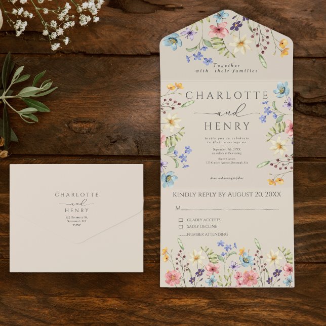 Invitation Tout En Un Mariage de jardin Fleur sauvage simple (Créateur téléchargé)