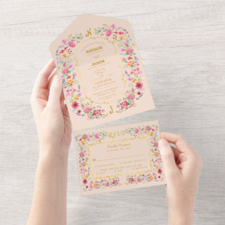 Invitation Tout En Un Mariage de jardin printanier élégant dans une prai