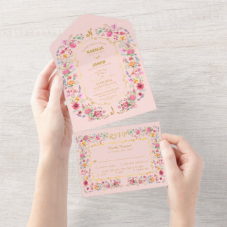 Invitation Tout En Un Mariage de jardin printanier élégant dans une prai