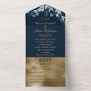 Invitation Tout En Un Mariage de la flotte moderne Blue & Faux Gold Foli
