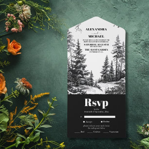 Invitation Tout En Un Mariage de la Forêt de Montagne Rustique Noir Blan