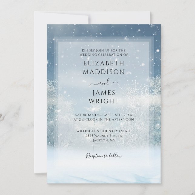 Invitation Tout en un Mariage de la forêt de neige hivernale (Devant)