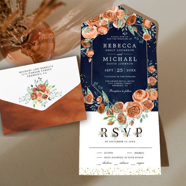 Invitation Tout En Un Mariage de la marine Florale moderne Terre brûlée  (Créateur téléchargé)