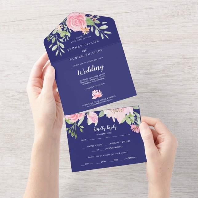 Invitation Tout En Un Mariage de la marine Spring Peony (Déchirure)