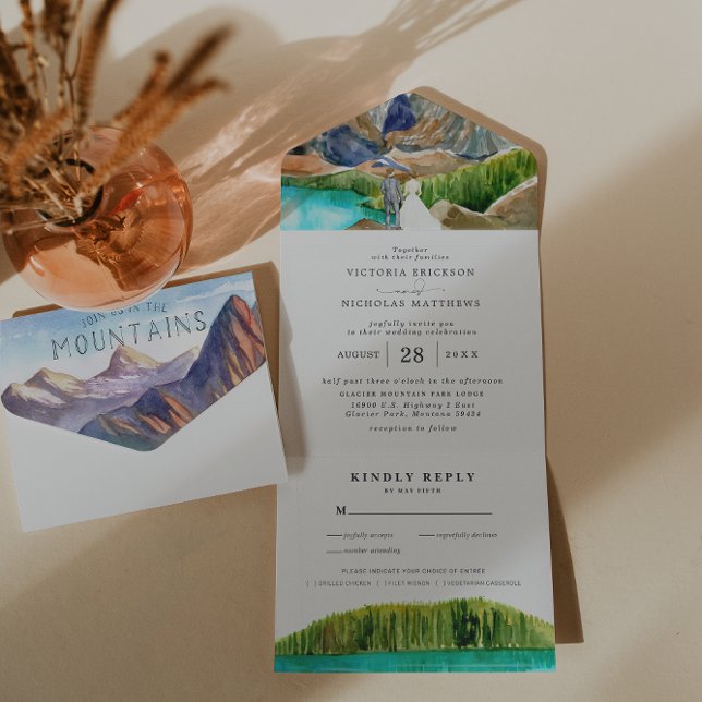 Invitation Tout En Un Mariage de la montagne du lac Glacier Rustique (Créateur téléchargé)