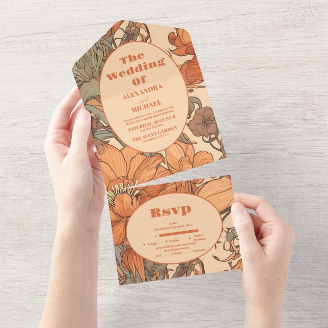 Invitation Tout En Un Mariage de l'Art Nouveau Floral Orange Brûlé (Déchirure)