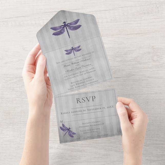 Invitation Tout En Un Mariage de libellules à bijoux pourpre (Déchirure)