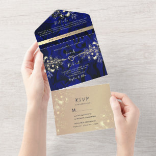 Invitation Tout En Un Mariage de Luxe Bleu Royal et Or
