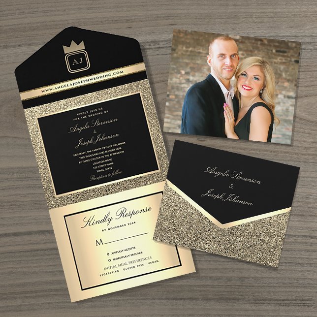 Invitation Tout En Un Mariage de Luxe Noir et Or (Créateur téléchargé)