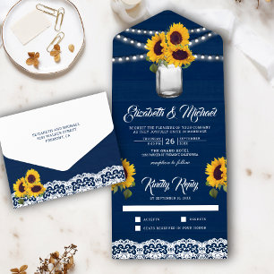 Invitation Tout En Un Mariage de marine Blue Wood dentelle Sunflowers Ma