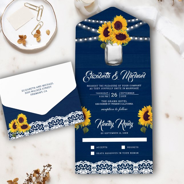 Invitation Tout En Un Mariage de marine Blue Wood dentelle Sunflowers Ma (Créateur téléchargé)
