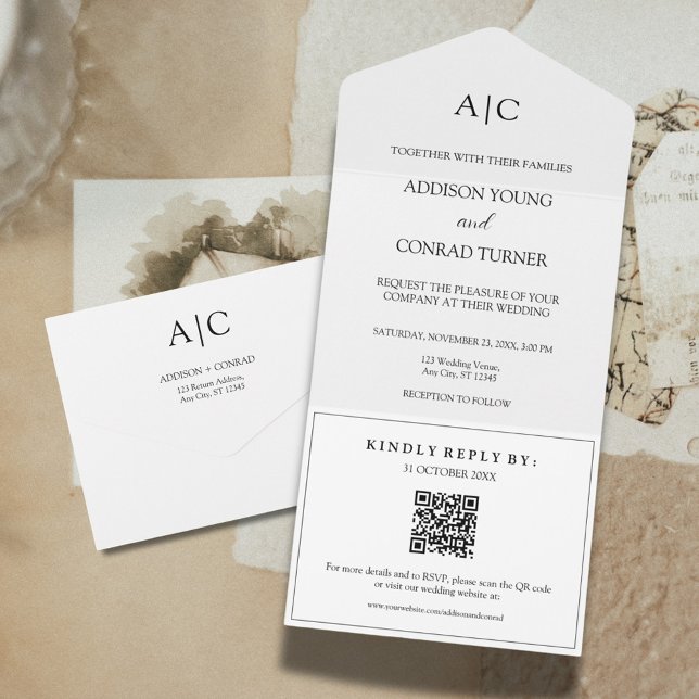 Invitation Tout En Un Mariage de monogramme blanc de code QR (Créateur téléchargé)
