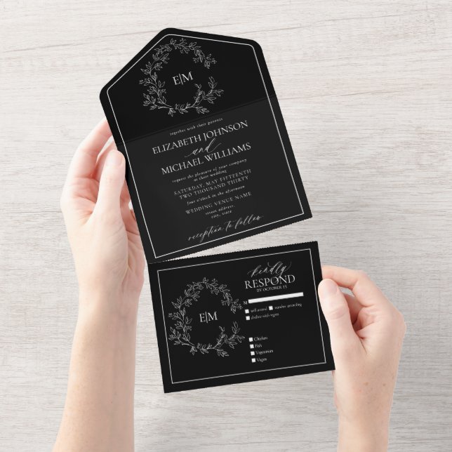 Invitation Tout En Un Mariage de monogramme blanc noir (Déchirure)