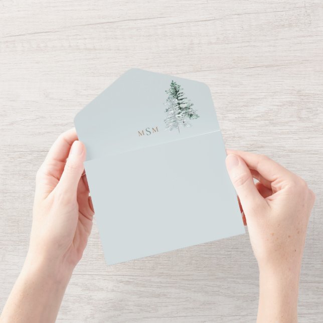 Invitation Tout En Un Mariage de monogramme de bois d'aquarelle (Ouverture)