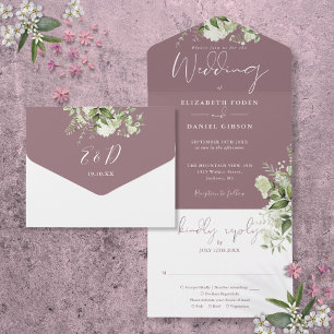 Invitation Tout En Un Mariage de monogramme floral Mauve Greenery
