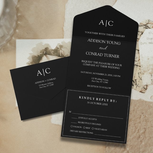 Invitation Tout En Un Mariage de monogramme noir (Créateur téléchargé)