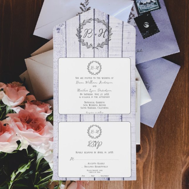 Invitation Tout En Un Mariage de monogramme rustique Lavender (Lavender Rustic Monogram Wedding All in One Invitation)