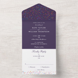 Invitation Tout En Un Mariage de monogramme violet Confetti arc-en-ciel
