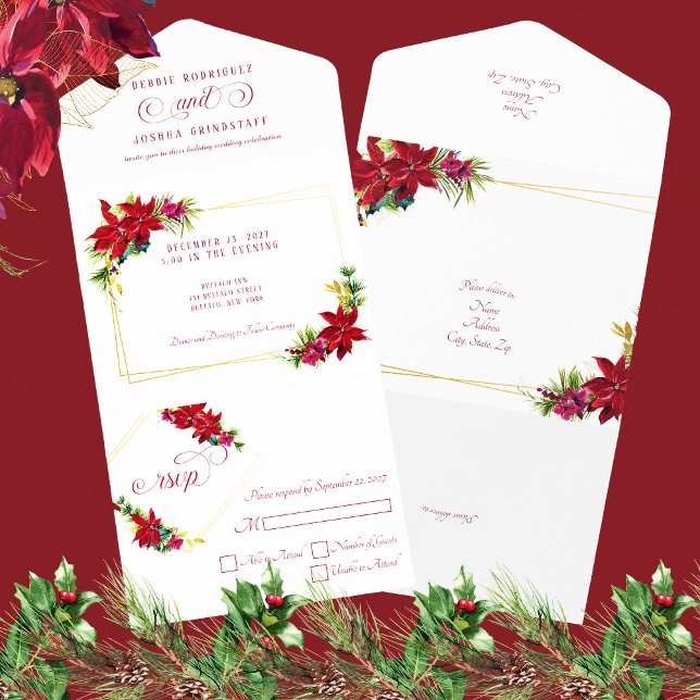Invitation Tout En Un Mariage de Noël moderne Poinsettia (Créateur téléchargé)