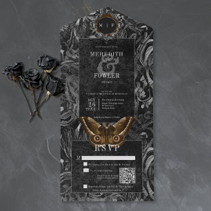 Invitation Tout En Un Mariage de Nuit Gothique Brun Filigrane Papillon d