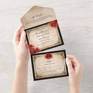 Invitation Tout En Un Mariage de parchemin noir vintage rouge rose